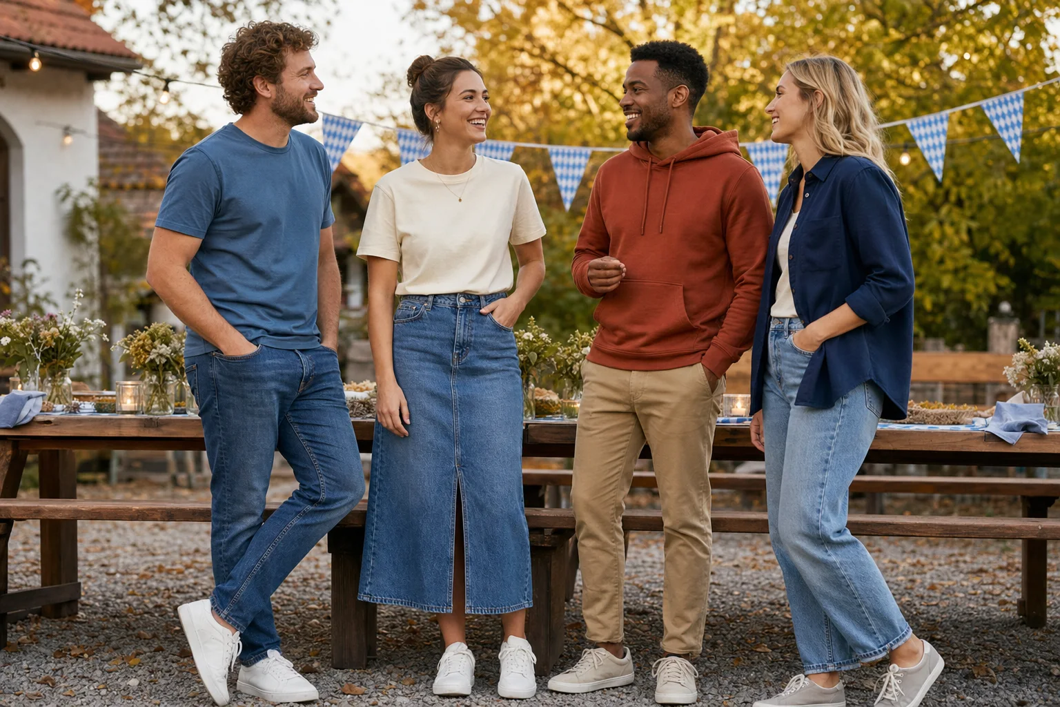 Four adults in coordinated blue, cream, rust and navy casual outfits at an outdoor Oktoberfest gathering