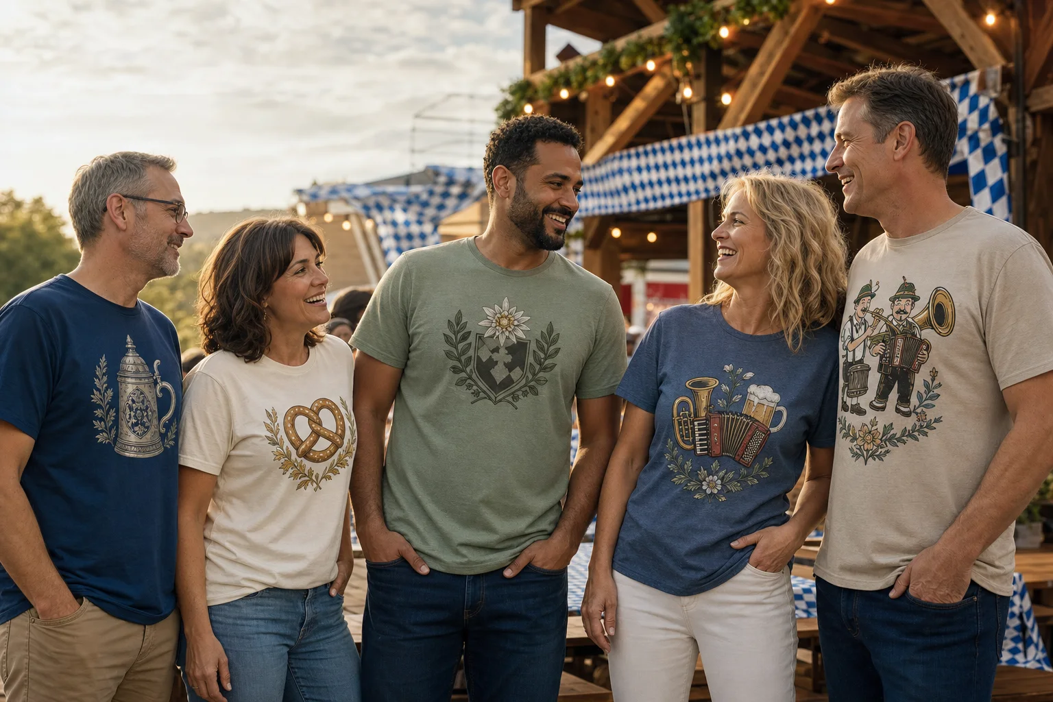 Five adults wearing different casual festival shirt themes at an outdoor Oktoberfest gathering
