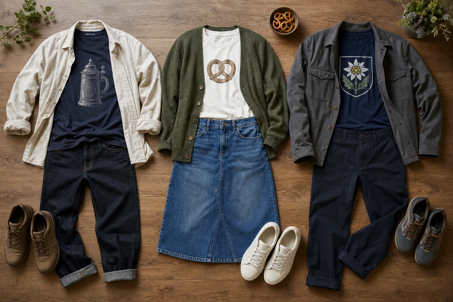 Three flat-lay casual festival outfits using jeans, a denim skirt, chinos and removable layers