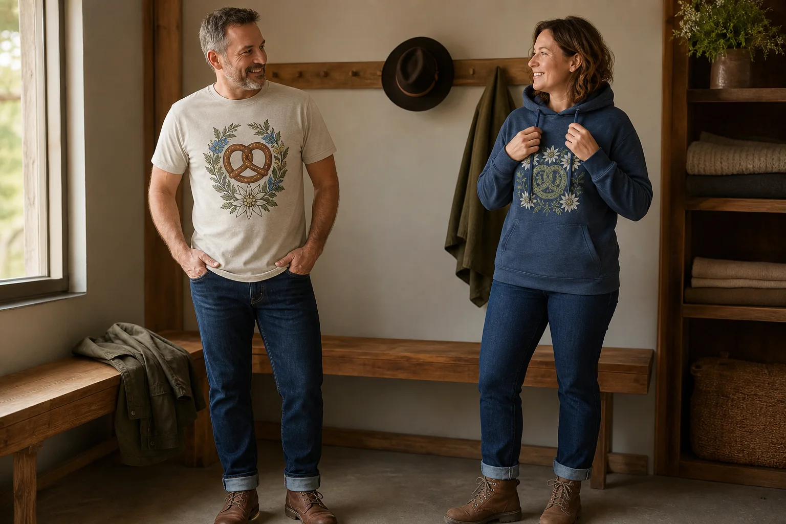 Two adults comparing a casual festival T-shirt and hoodie in a wardrobe setting
