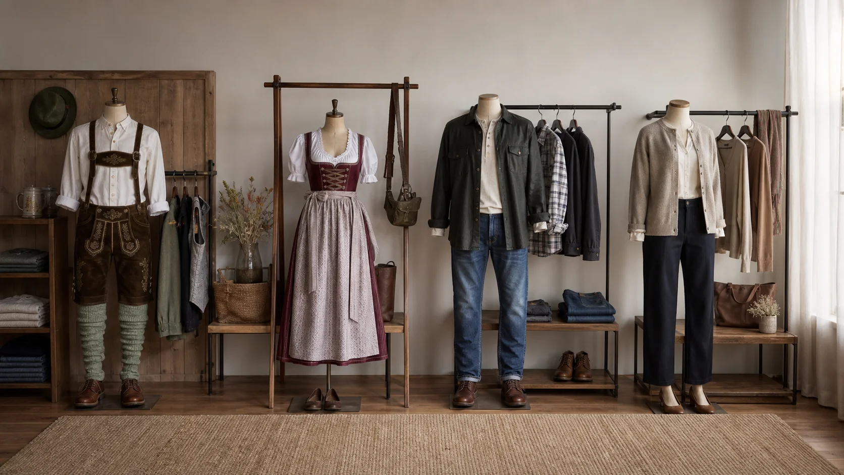 Four wardrobe stations showing lederhosen, a midi dirndl and two practical casual festival outfits