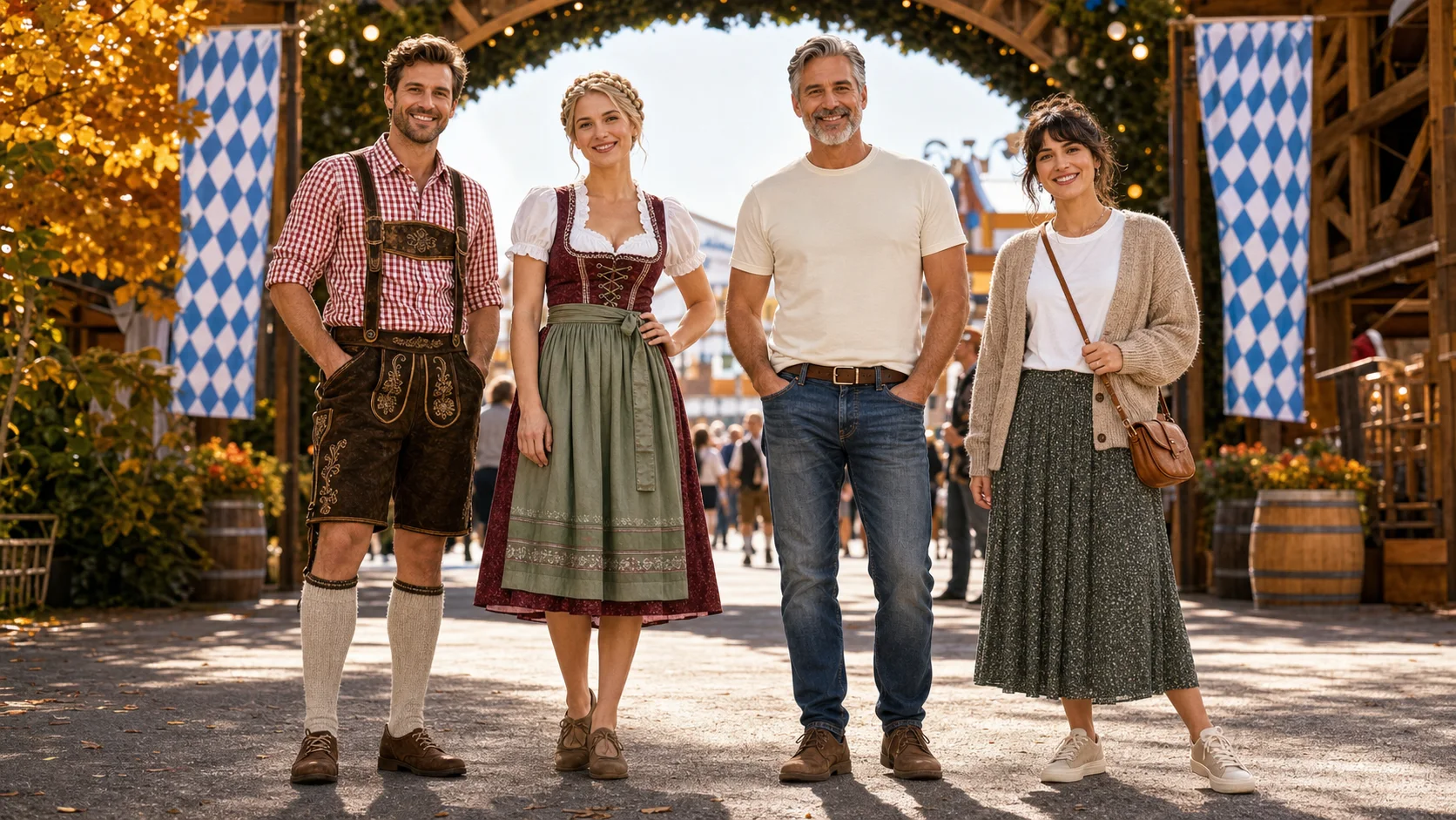 Four adults comparing traditional and casual Oktoberfest outfits at an autumn festival entrance