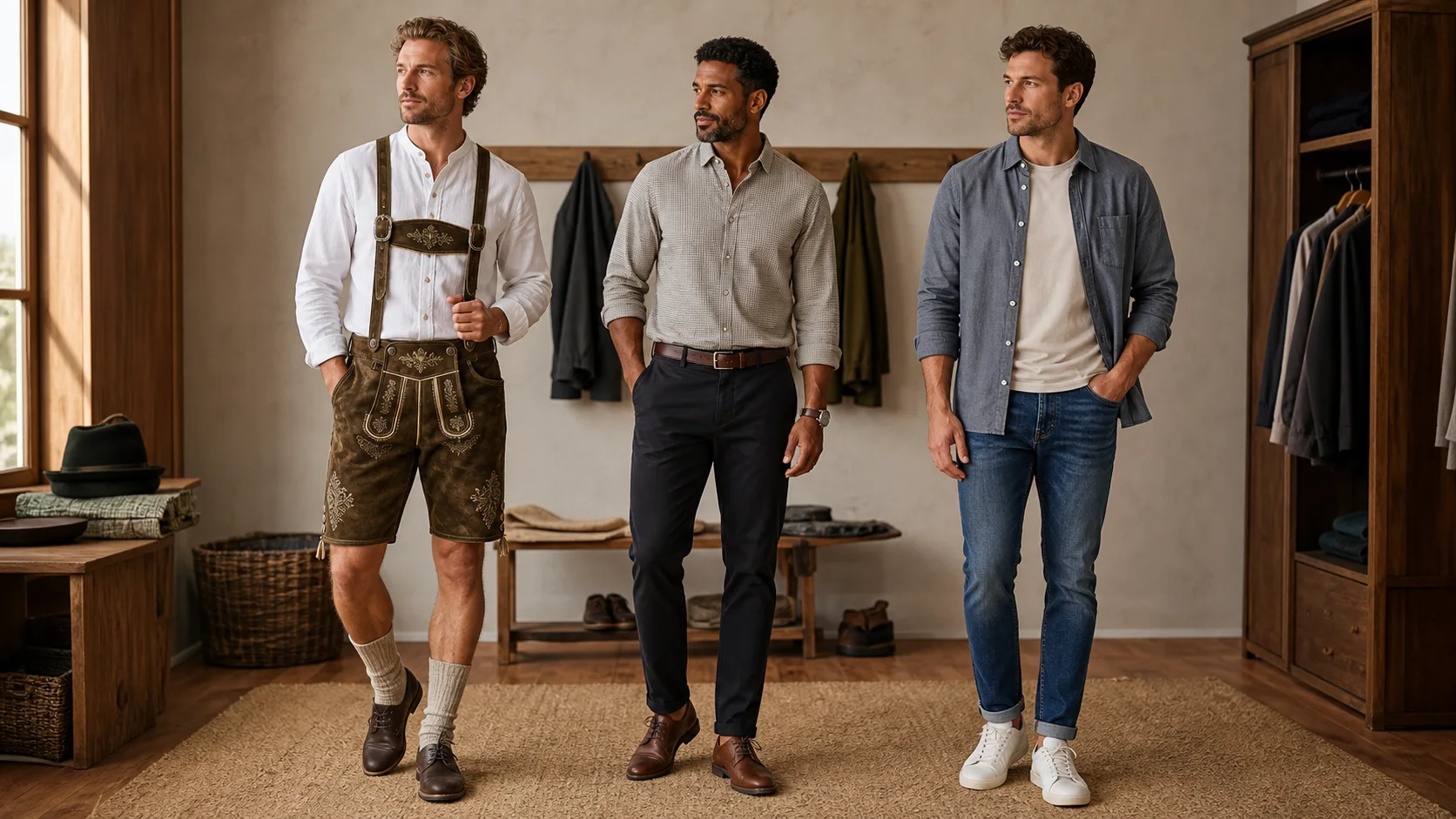 Three men wearing traditional lederhosen, polished chinos and a relaxed jeans outfit in a wardrobe studio