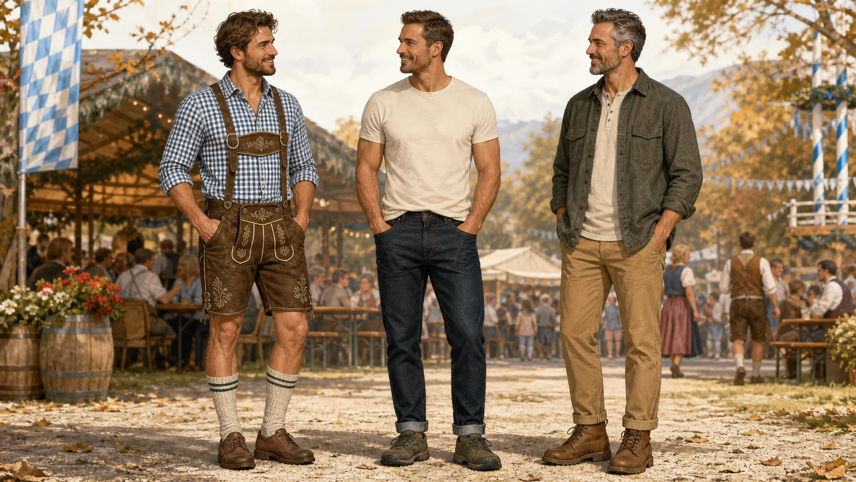 Three men comparing lederhosen, a casual tee and jeans, and a layered chinos outfit for Oktoberfest
