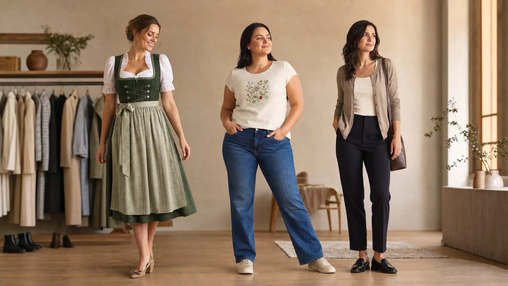 Three women wearing a midi dirndl, a casual jeans outfit and a polished layered outfit
