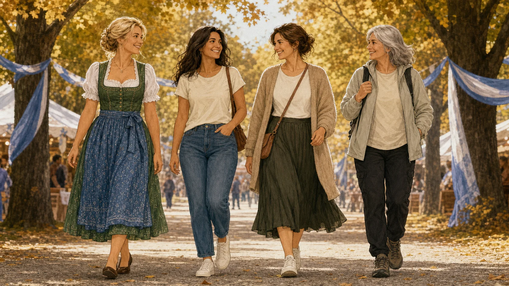 Four women wearing a dirndl and three comfortable casual Oktoberfest outfit alternatives