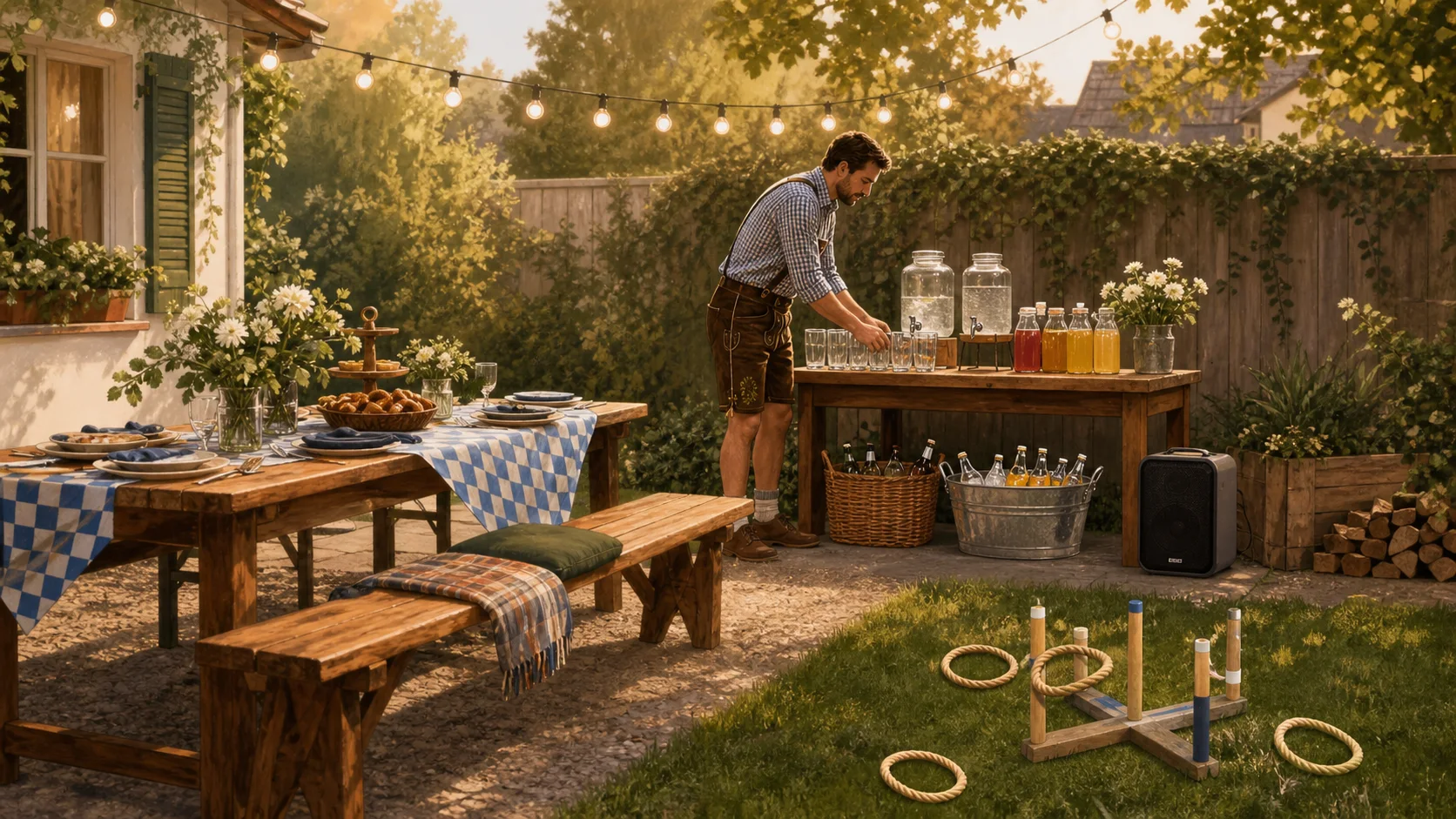 Host arranging separate food, drink, seating and game zones for a backyard Oktoberfest party