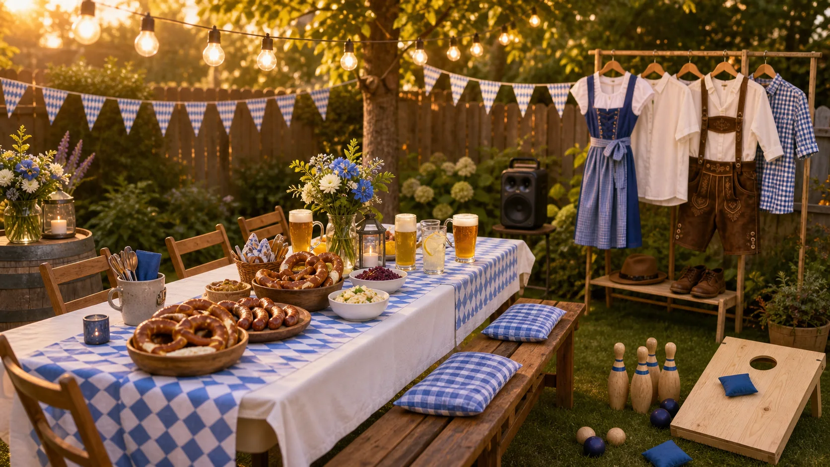 Achievable backyard Oktoberfest setup with shared food, varied drinks, simple decor, music and safe games