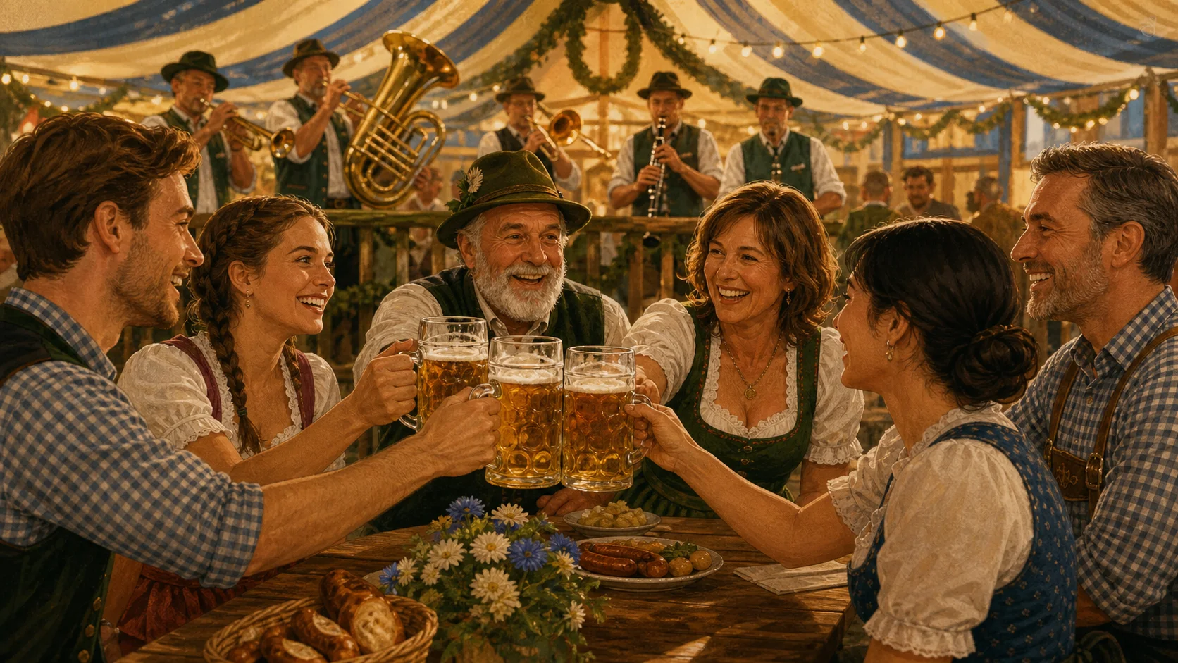 Friends across generations sharing a toast while a brass band plays in an Oktoberfest tent