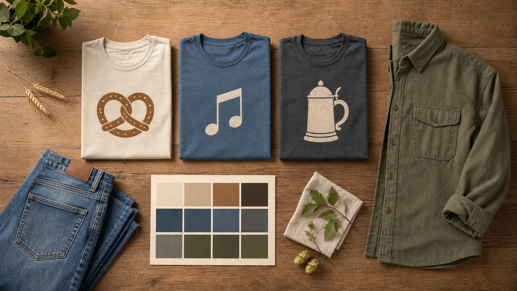 Flat lay comparing simple pretzel, music and beer-stein shirt symbols with casual layers