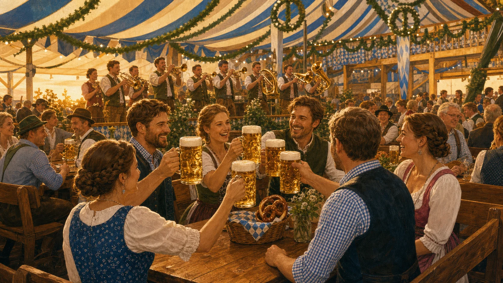 A multi-generation table raising mugs while a brass band performs inside a warmly lit Oktoberfest tent