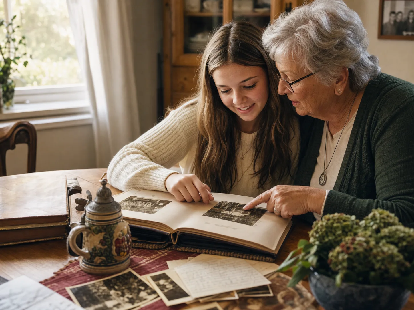 Grandmother and granddaughter looking through a family photo album