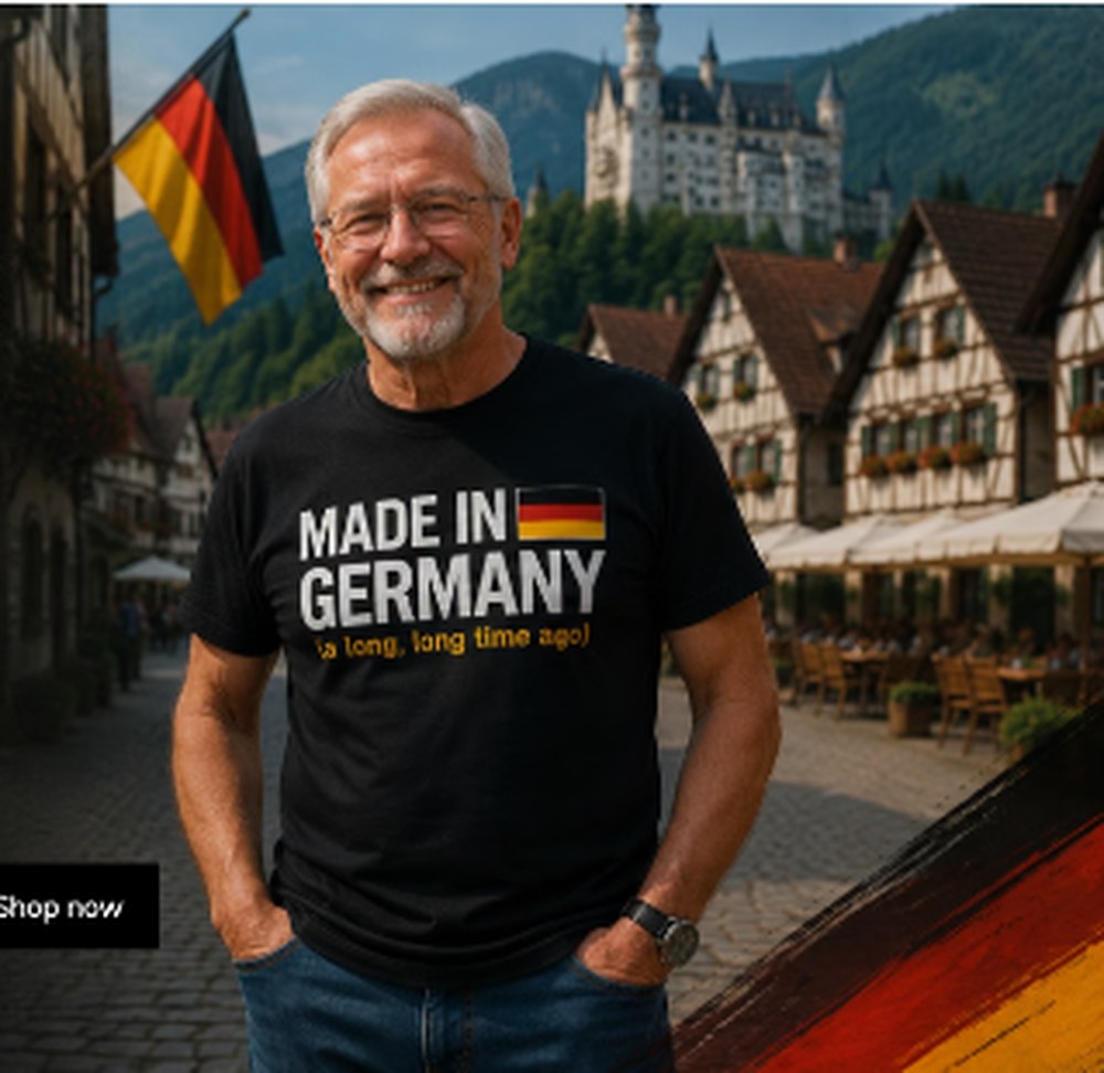 Older German-American man wearing a Made in Germany shirt