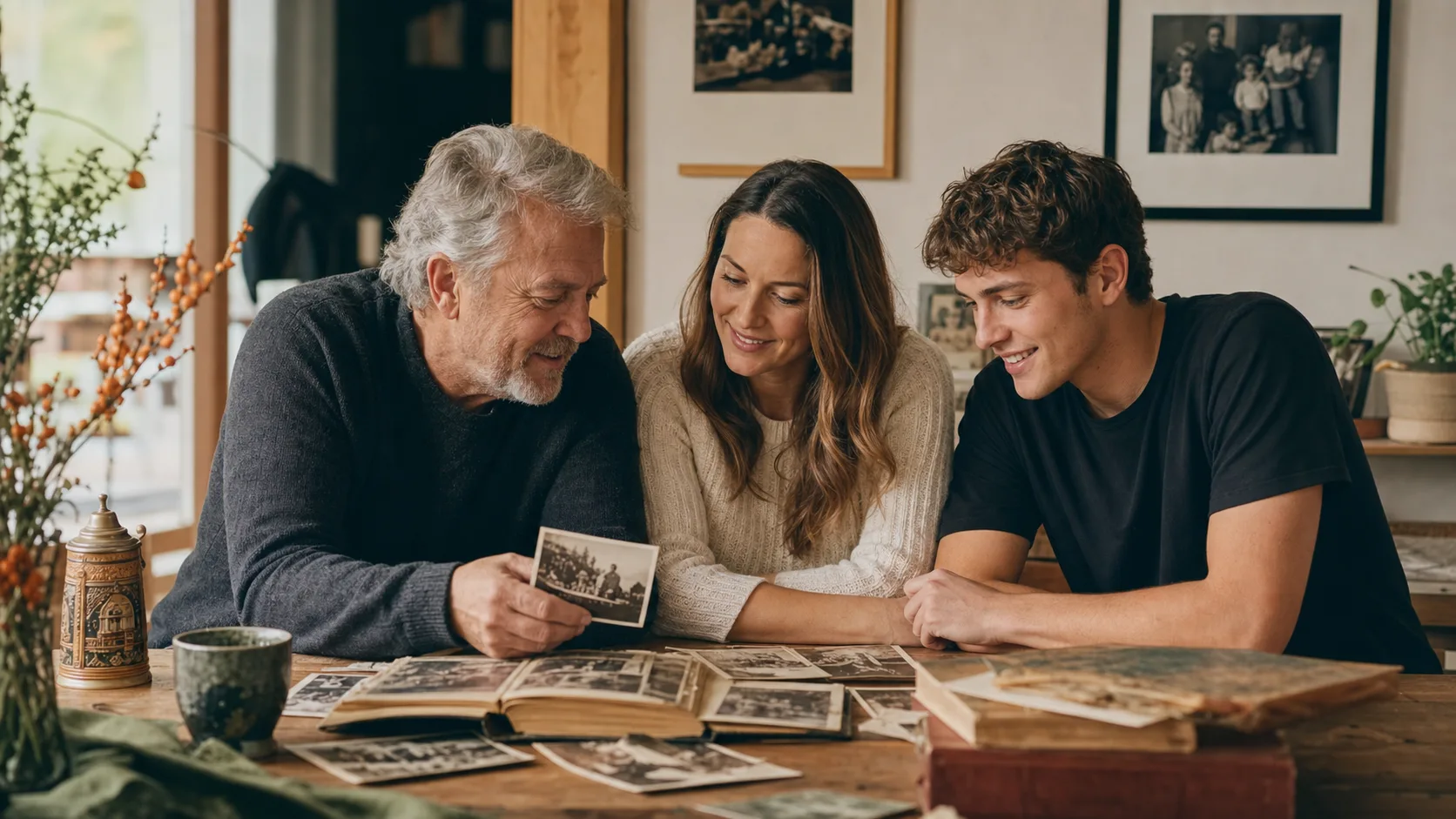 Three generations sharing old family photographs at home